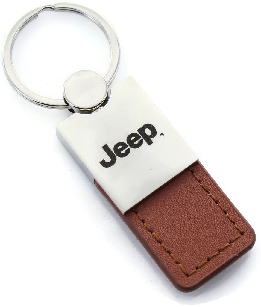 Jeep Brown Leather Long Tab Logo Key Ring - Click Image to Close